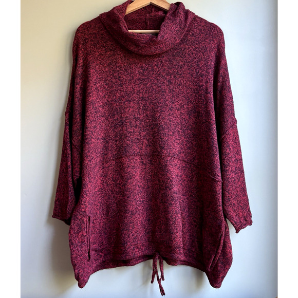 J Jill Pure Jill Large Kimono Sweater Tunic Red Black Cowl Neck Boxy Pullover - Picture 1 of 15
